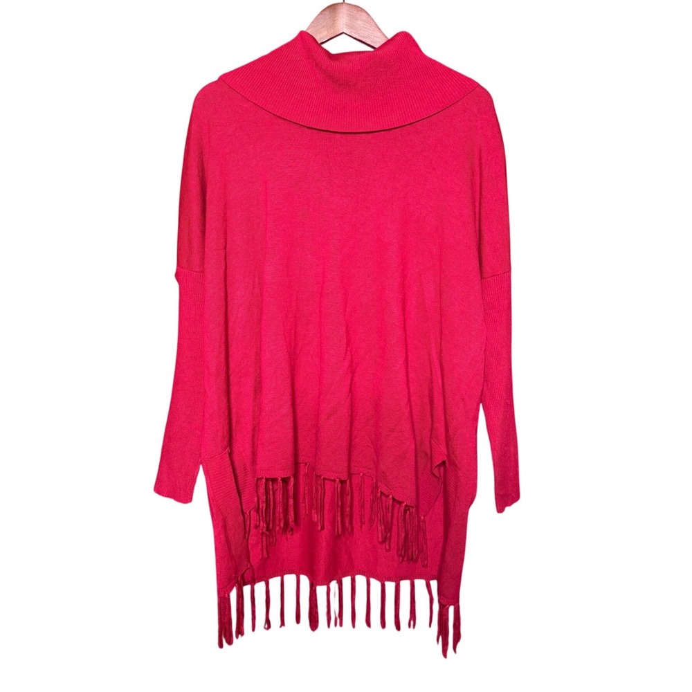 Boston Proper Cowl Neck Sweater Women Medium Red Fringe Boho Knit Minimalist